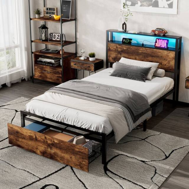 BTM LED Metal Bed with Charging Ports & Storage Drawer in Walnut - Size: Double - image 1