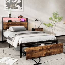 BTM LED Metal Bed with Charging Ports & Storage Drawer in Walnut - Size: Double - thumbnail 2