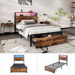 BTM LED Metal Bed with Charging Ports & Storage Drawer in Walnut - Size: Double - thumbnail 9