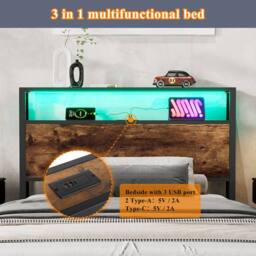 BTM LED Metal Bed with Charging Ports & Storage Drawer in Walnut - Size: Double - thumbnail 7