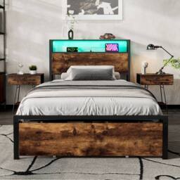 BTM LED Metal Bed with Charging Ports & Storage Drawer in Walnut - Size: Double - thumbnail 3