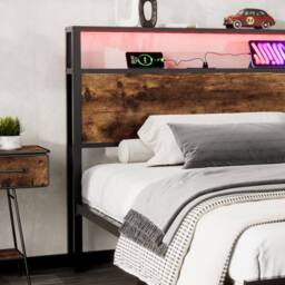 BTM LED Metal Bed with Charging Ports & Storage Drawer in Walnut - Size: Double - thumbnail 5