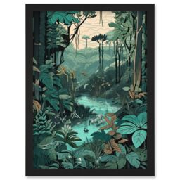 Artery8 Amazon Rainforest Flora Landscape Illustration Artwork Framed Wall Art Print A4 in Black - thumbnail 1