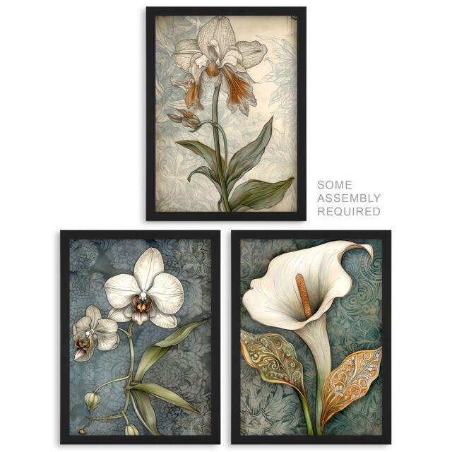 Artery8 A4 Wall Art & Frame Set of 3 Calla Lily & Orchids Flowers in Pale Blue - image 1