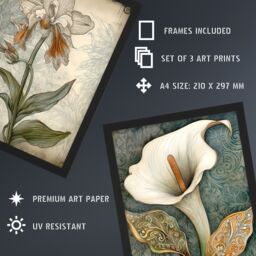 Artery8 A4 Wall Art & Frame Set of 3 Calla Lily & Orchids Flowers in Pale Blue - thumbnail 3