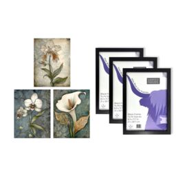 Artery8 A4 Wall Art & Frame Set of 3 Calla Lily & Orchids Flowers in Pale Blue - thumbnail 5