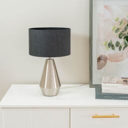 ValueLights Jax Brushed Chrome Dimmable Touch Table Lamp with Fabric Drum Shade in Charcoal - thumbnail 5