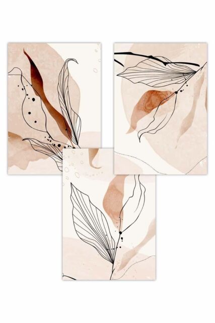 ARTZE Set of 3 Graphical Line Art Autumn Leaves Art Posters in Pale Orange - Size: W50 cm x H70 cm - image 1