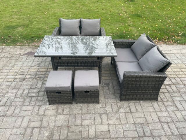 Fimous 6 Seater PE Wicker Rattan Garden Furniture Set Love Sofa Outdoor Rectangular Dining Table 2 Small Footstools Dark Grey Mixed - image 1