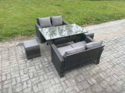 Fimous 6 Seater PE Wicker Rattan Garden Furniture Set Love Sofa Outdoor Rectangular Dining Table 2 Small Footstools Dark Grey Mixed - thumbnail 2