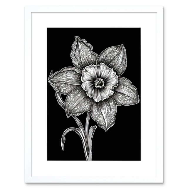 "Artery8 Wall Art Print Black & White Daffodil with Batik Style Petals Artwork Framed 9X7 Inch - Size: W7"" x H9""" - image 1
