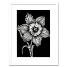 "Artery8 Wall Art Print Black & White Daffodil with Batik Style Petals Artwork Framed 9X7 Inch - Size: W7"" x H9""" - thumbnail 1