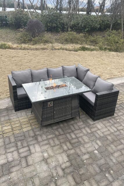 Fimous Outdoor Rattan Garden Corner Sofa Set Gas Fire Pit Table Sets Heater Lounge in Dark Grey - image 1