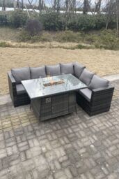 Fimous Outdoor Rattan Garden Corner Sofa Set Gas Fire Pit Table Sets Heater Lounge in Dark Grey - thumbnail 1