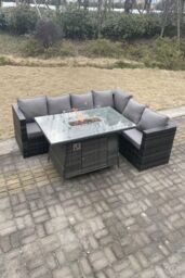 Fimous Outdoor Rattan Garden Corner Sofa Set Gas Fire Pit Table Sets Heater Lounge in Dark Grey - thumbnail 3