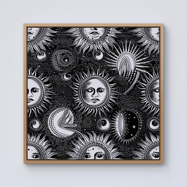 "Warren Reed - Designer Moon & Sun Black White Framed Canvas in Light Brown - Size: W30"" x H30""" - image 1