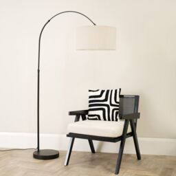 ValueLights Louis Black Arched Curved Floor Lamp with Boucle Drum Lamp Shade in Cream - thumbnail 1