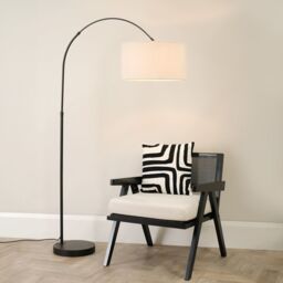 ValueLights Louis Black Arched Curved Floor Lamp with Boucle Drum Lamp Shade in Cream - thumbnail 3