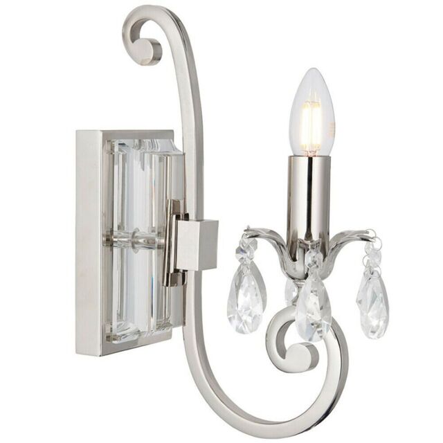 Loops Esher Luxury Single Curved Arm Traditional Wall Light Bright Nickel Crystal Drop in Metallics - image 1