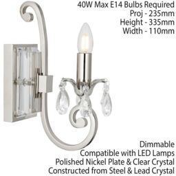 Loops Esher Luxury Single Curved Arm Traditional Wall Light Bright Nickel Crystal Drop in Metallics - thumbnail 2