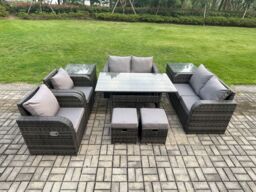 Fimous Outdoor Rattan Garden Furniture 9 piece Grey Patio Furniture Set 8 Seater Lounge Sofa Set with Reclining Chairs in Dark Grey - thumbnail 1