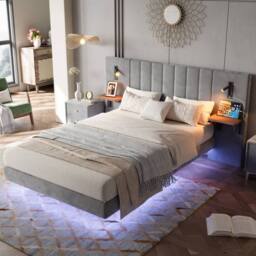 Merax Double Floating Bed Frame with Extended LED Headboard & Reading Lights in Grey - thumbnail 1