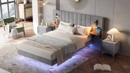 Merax Double Floating Bed Frame with Extended LED Headboard & Reading Lights in Grey - thumbnail 6