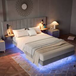 Merax Double Floating Bed Frame with Extended LED Headboard & Reading Lights in Grey - thumbnail 2