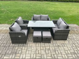 Fimous Wicker PE Rattan Furniture Garden Dining Set Outdoor Height Adjustable Rising lifting Table Love Sofa Chairs in Dark Grey - thumbnail 1