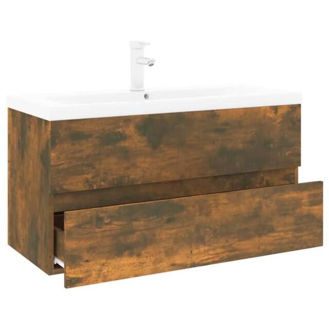 Berkfield Home Sink Cabinet with Built-in Basin Smoked Oak Engineered Wood in Brown - image 1