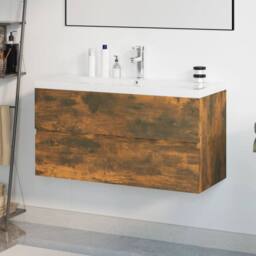 Berkfield Home Sink Cabinet with Built-in Basin Smoked Oak Engineered Wood in Brown - thumbnail 2