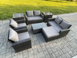 Fimous Garden Furniture Sets 8 Pieces Outdoor Rattan Furniture Manual Wicker Patio Sofa Chair Set with Coffee Table 2 Side Tables in Dark Grey - thumbnail 2