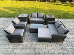 Fimous Garden Furniture Sets 8 Pieces Outdoor Rattan Furniture Manual Wicker Patio Sofa Chair Set with Coffee Table 2 Side Tables in Dark Grey - thumbnail 1