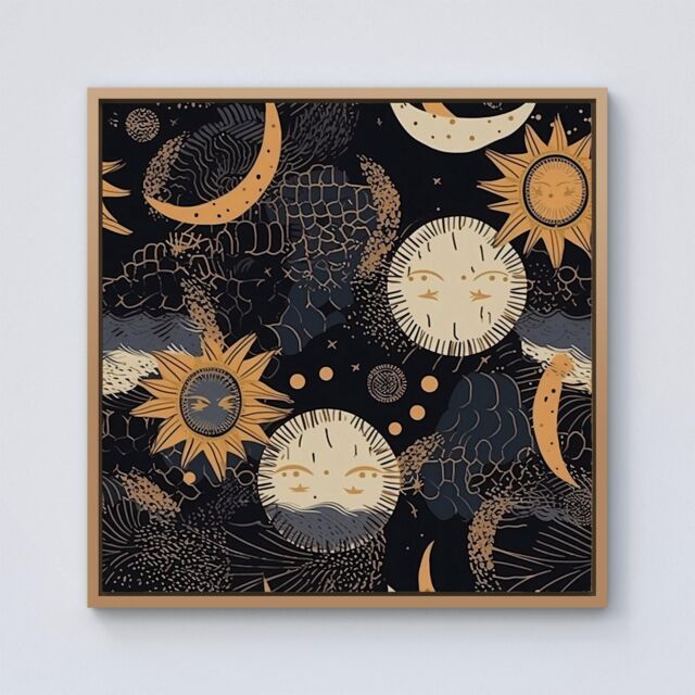 Warren Reed - Designer Gold Sun & Moon Framed Canvas in Light Brown - Size: w40 inch x h40 inch - image 1