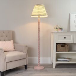 ValueLights Bobbins Rose Pink Floor Lamp with Tapered Fabric Pleated Shade & LED Bulb in Pale Pink