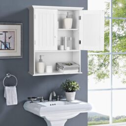 Costway Bathroom Storage Cabinet Wall Mounted Vanity Storage Cupboard w/ Adjustable Shelf in White - thumbnail 1