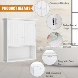 Costway Bathroom Storage Cabinet Wall Mounted Vanity Storage Cupboard w/ Adjustable Shelf in White - thumbnail 3