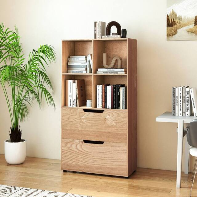 Costway 5-Tier Bookcase w/2 Drawers & 4-Cubes Tall Bookshelf Display Rack in Natural - image 1