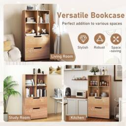 Costway 5-Tier Bookcase w/2 Drawers & 4-Cubes Tall Bookshelf Display Rack in Natural - thumbnail 6