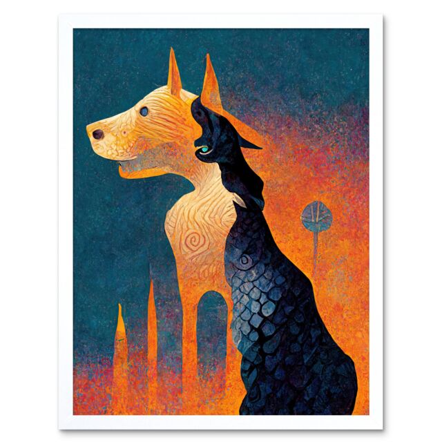 "Artery8 Wall Art Print Abstract Dog Monument Statue Teal Orange Art Framed in White - Size: W12"" x H16""" - image 1