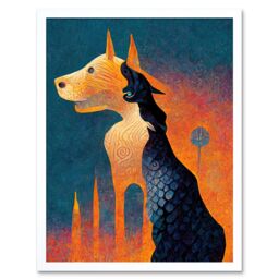 "Artery8 Wall Art Print Abstract Dog Monument Statue Teal Orange Art Framed in White - Size: W12"" x H16""" - thumbnail 1