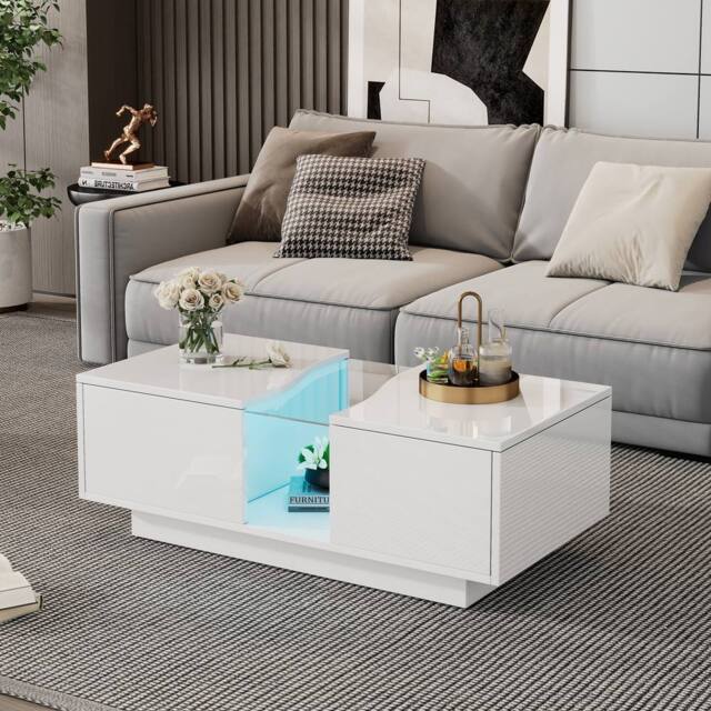 STILVORA Coffee Table with 2 Drawers & LED Acrylic Top White - image 1
