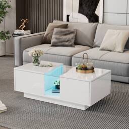 STILVORA Coffee Table with 2 Drawers & LED Acrylic Top White