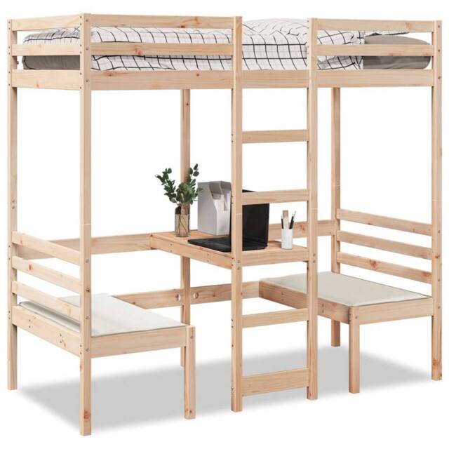 Berkfield Home Loft Bed Frame with Desk & Chairs 75x190cm Solid Wood Pine in Light Brown - Size: 75x190 cm - image 1