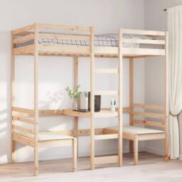 Berkfield Home Loft Bed Frame with Desk & Chairs 75x190cm Solid Wood Pine in Light Brown - Size: 75x190 cm - thumbnail 3
