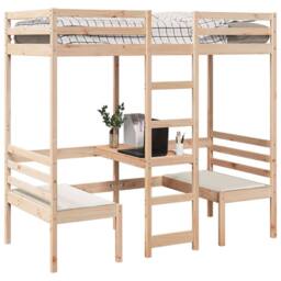 Berkfield Home Loft Bed Frame with Desk & Chairs 75x190cm Solid Wood Pine in Light Brown - Size: 75x190 cm - thumbnail 4