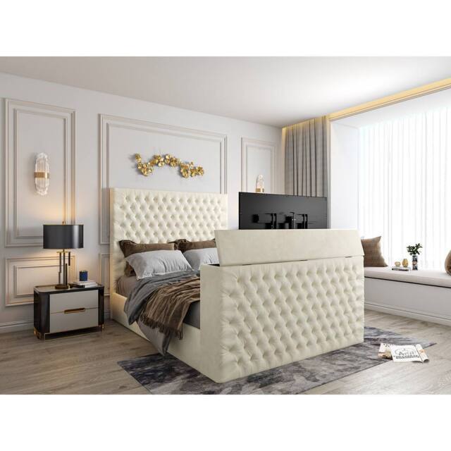 KDMD Capella Upholstered Soft Velvet Cream TV Bed Frame - Size: Single - image 1