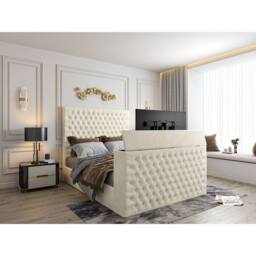 KDMD Capella Upholstered Soft Velvet Cream TV Bed Frame - Size: Single - thumbnail 1