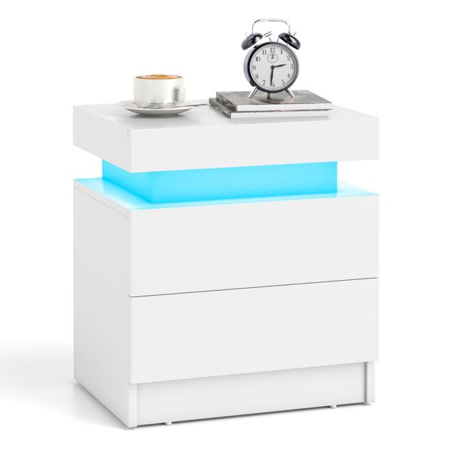 Gymax LED Nightstand Faux Marble End Table Bedside Table With 2 Drawers in White - image 1