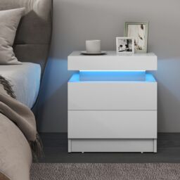 Gymax LED Nightstand Faux Marble End Table Bedside Table With 2 Drawers in White - thumbnail 7